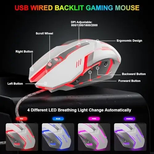 BlueFinger RGB Gaming Keyboard and Backlit Mouse Combo, USB Wired, LED Gaming Set for Laptop PC Computer Game and Work (White & Black) - 5
