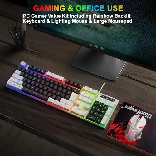 BlueFinger RGB Gaming Keyboard and Backlit Mouse Combo, USB Wired, LED Gaming Set for Laptop PC Computer Game and Work (White & Black) - 6