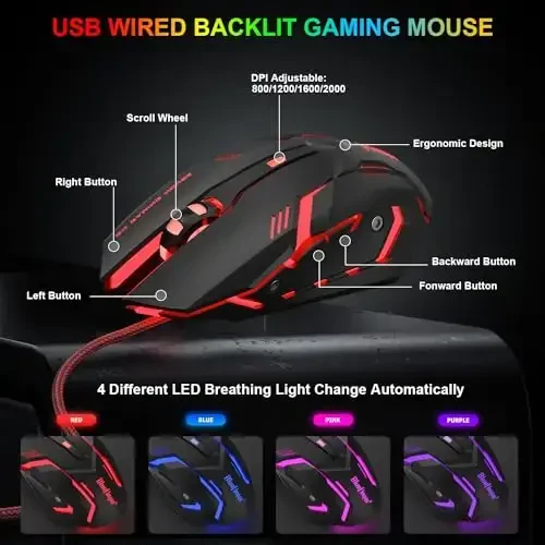 BlueFinger RGB Gaming Keyboard and Backlit Mouse Combo, USB Wired, LED Gaming Set for Laptop PC Computer Game and Work (Black & White) - 5