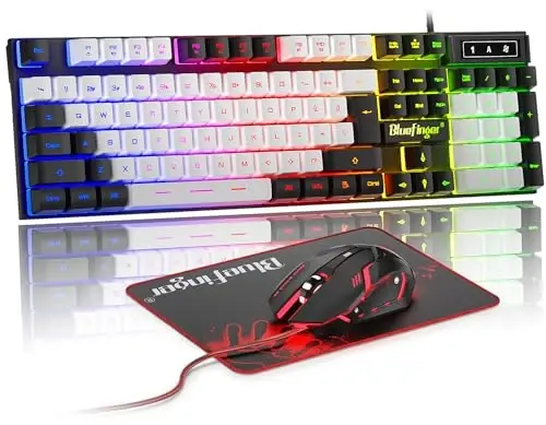 BlueFinger RGB Gaming Keyboard and Backlit Mouse Combo, USB Wired, LED Gaming Set for Laptop PC Computer Game and Work (Black & White) - 1