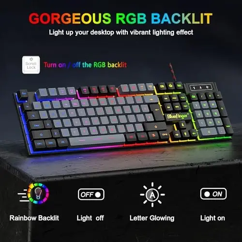BlueFinger RGB Gaming Keyboard and Backlit Mouse Combo, USB Wired, LED Gaming Set for Laptop PC Computer Game and Work(Black & Gray) - 2