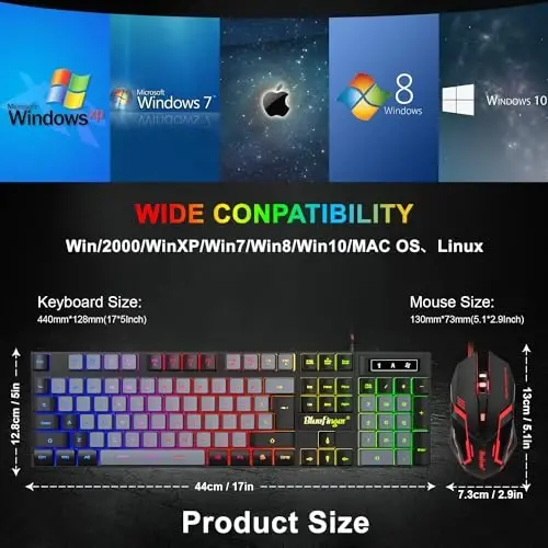 BlueFinger RGB Gaming Keyboard and Backlit Mouse Combo, USB Wired, LED Gaming Set for Laptop PC Computer Game and Work(Black & Gray) - 7