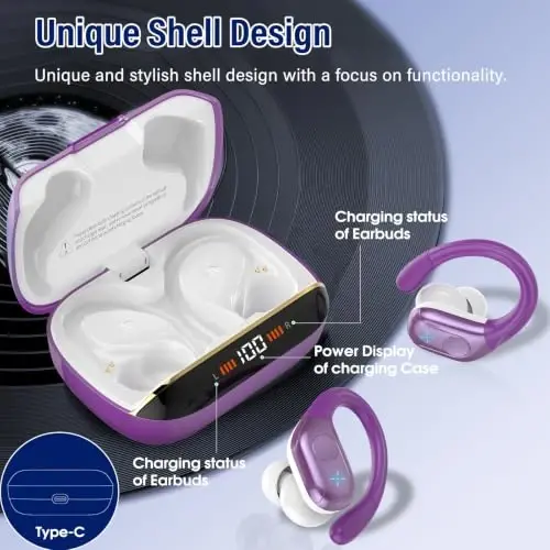 Bluetooth 5.4 Headphones Wireless Earbuds Sports, 75Hrs Bass Hi-Fi Stereo | Over Ear Buds with Earhook, ENC Noise Cancelling Headset, IP-X7 Waterproof Earphones for Running Workout Gym Android iOS - 6