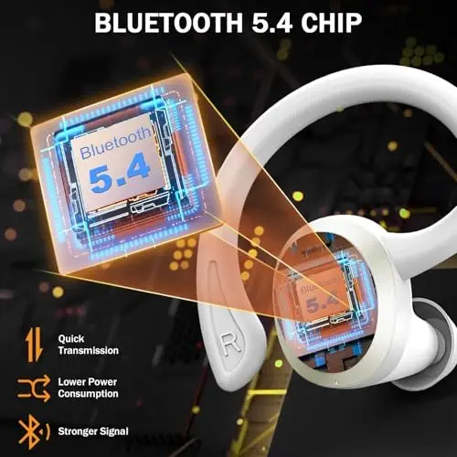 Bluetooth 5.4 Sport naushniklari, 2025 simsiz quloqchinlar Bass Hi-Fi Stereo quloqchinlar, 56 soat shovqinni bekor qiluvchi гарнитура quloq ilgagi bilan, IP7 suv o'tkazmaydigan naushniklar noutbuk pad Android iOS uchun mashq qilish - 3