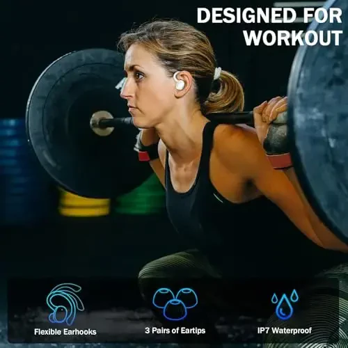 Bluetooth 5.4 Sport naushniklari, 2025 simsiz quloqchinlar Bass Hi-Fi Stereo quloqchinlar, 56 soat shovqinni bekor qiluvchi гарнитура quloq ilgagi bilan, IP7 suv o'tkazmaydigan naushniklar noutbuk pad Android iOS uchun mashq qilish - 5