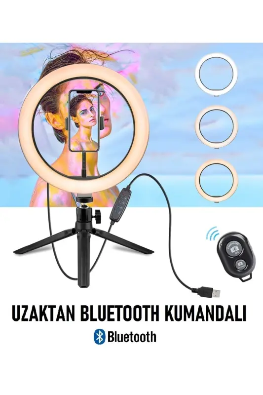 Bluetooth Bilan Boshqariladigan Stol Oyoqli 10 Dyumli Led Ring Lıght Influencer Youtuber Tiktok Makiyaj Chirog'i-BT QORA - 1