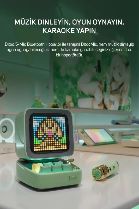 Bluetooth-динамик Ditoo-mic с зелёным караоке-микрофоном и адаптивным пиксельным экраном - 10