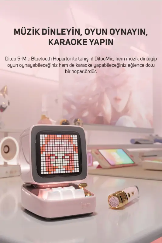 Bluetooth-динамик с адаптивным пиксельным экраном, розовым караоке-микрофоном Ditoo-mic - 3