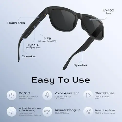Bluetooth Glasses for Women & Men, Smart Audio Sunglasses for Men with Built-in Speakers, UV400 Protection, Wireless Music & Calls, Lightweight Frame, Touch Control Compatible with iOS/Android - 5