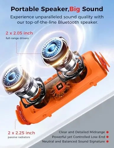 Bluetooth Speaker, 20W HD Sound, Portable Wireless, IPX5 Waterproof, Up to 24H Playtime, TWS, for Home/Party/Outdoor/Camping/Beach Essentials, Birthday Gift for Fathers Day Men Dad Husband (Orange) - 3
