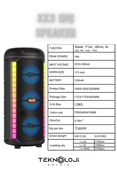 Bluetooth Hoparlör 3X3inç 40cm Stereo Effect Rgb Işık Parti Hoparlörü Speaker Karaoke Mikrofon Hediy-Çok Renkli - 5