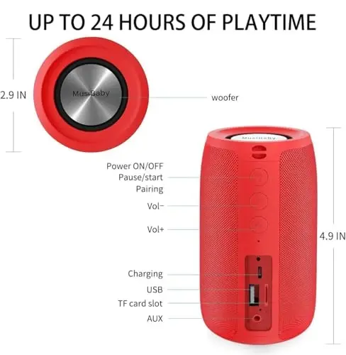Bluetooth karnay, MusiBaby simsiz, tashqi, suv o'tkazmaydigan, ko'chma karnay, ikkilamchi ulanish, Bluetooth 5.0, baland stereo, karnayli bas, uy va ziyofat uchun 24 soatlik o'yin vaqti, sovg'alar (sof qizil) - 3
