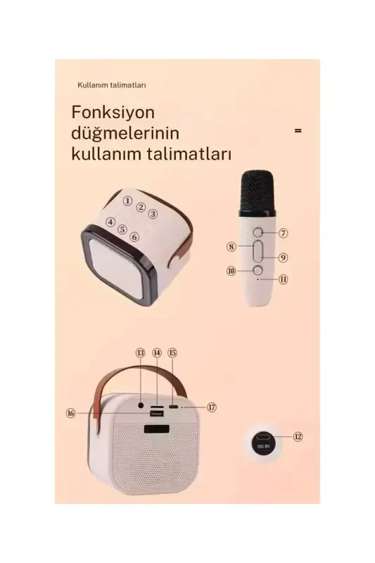 Bluetooth karnay partiyasi karnayi karaoke mikrofon sovg'asi yoritilgan ovozli bomba Usb Sd kiritish-Bej - 2