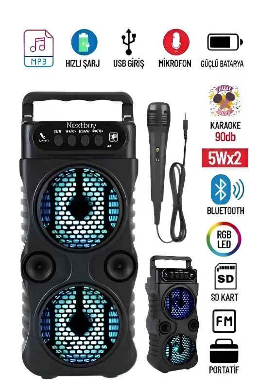 Bluetooth karnaylar, parti karnaylari, karaoke mikrofonli, yorug'likli, radio, USB va SD kirishli. - RESOLUT