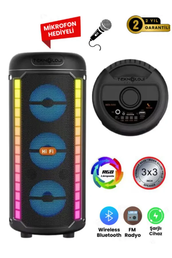 Bluetooth-колонка 3x3 дюйма 40см Стереоэффект RGB свет Вечеринка Колонка Караоке Микрофон Подарок - 1