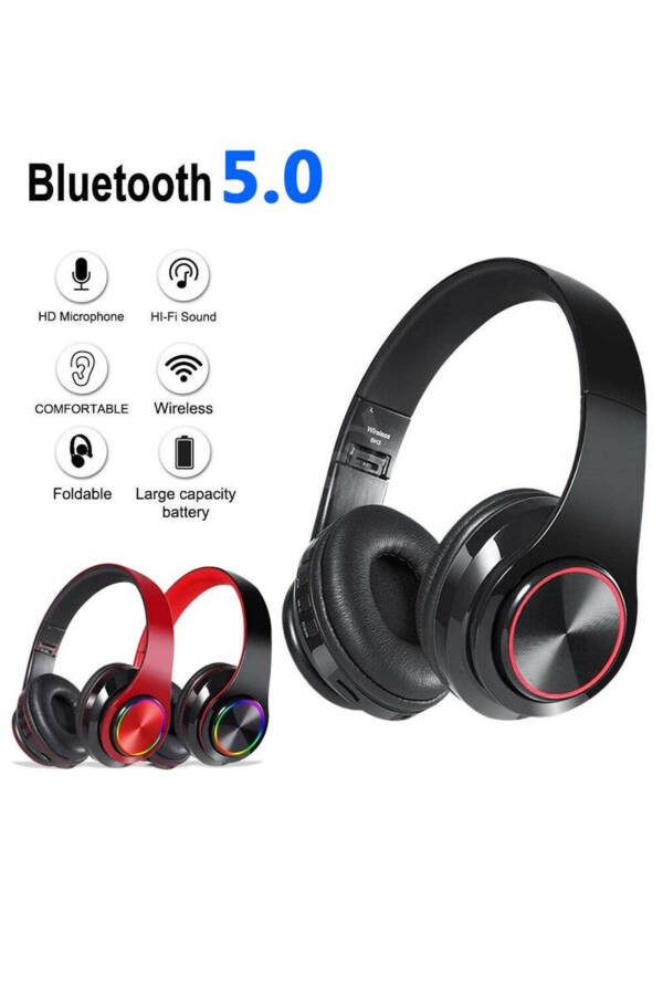 Bluetooth Kulaklık Kablosuz Kulaküstü Işıklı Katlanabilir Mikrofonlu Fm-aux-sd Siyah - 13