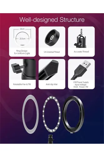Bluetooth Kumandalı Masa Ayaklı 10 Inç Led Ring Lıght Influencer Youtuber Tiktok Makyaj Işığı-BT SİYAH - 6