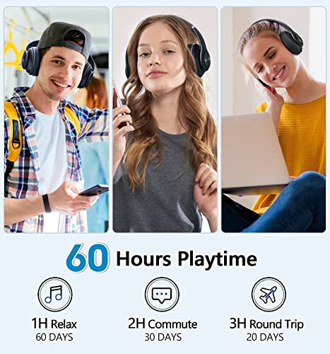 Bluetooth Quloqchinlar, 60 Soat O'yin Vaqti Katlanadigan Quloqchinlar Simsiz Bluetooth Hi-Fi Stereo Chuqur Bass 6 EQ Rejimlari bilan, Sozlanadigan Yengil Mikrofonli Quloqchin, FM, Kattalar uchun SD/TF - Tuitager (1)
