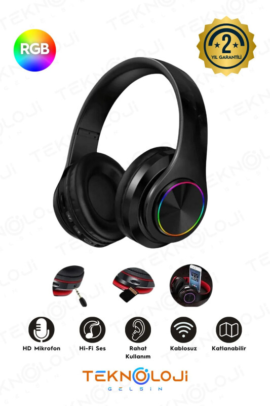 Bluetooth Simsiz Quloq Usti Chiroqlari bilan Katlanadigan Mikrofonli Fm-aux-sd Qora Rangli - TEKNOLOJI GELSIN