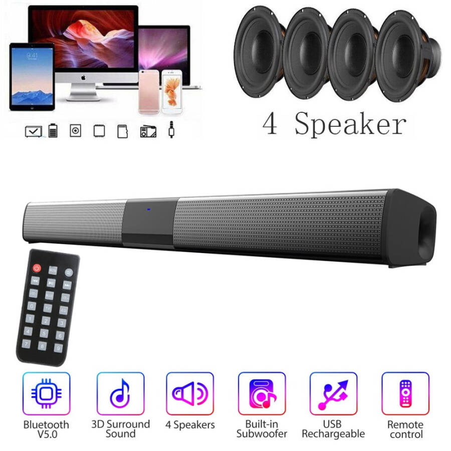 Bluetooth Soundbar TV Hoparlörü HIFI Süper Baslı Subwoofer 3D Ses Çubuğu Ev Sinema Sistemi Bilgisayar Akıllı Telefonlar İçin Uzaktan Kumandalı 4 x 5W Kompakt Ses Çubuğu - 1