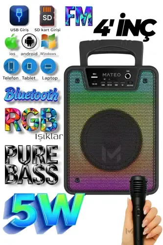 Bluetooth Speaker Karaoke Party speaker with Microphone, led Rgb Light, Sound Bomb with Usb Sd input -BLACK SQUARE - 1