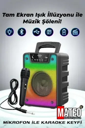 Bluetooth Speaker Karaoke Party speaker with Microphone, led Rgb Light, Sound Bomb with Usb Sd input -BLACK SQUARE - 4