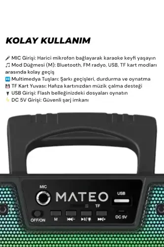 Bluetooth Speaker Karaoke Party speaker with Microphone, led Rgb Light, Sound Bomb with Usb Sd input -BLACK SQUARE - 5