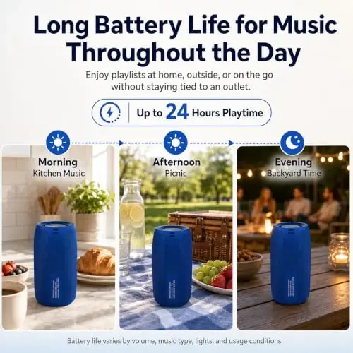 Bluetooth Speaker, MusiBaby Wireless, Waterproof, Outdoor, Portable Speaker, Dual Pairing, Loud Stereo, Booming Bass, 1500 Mins Playtime Wireless Speaker for Home, iPhone, Party, Gifts (Blue) - 5