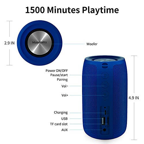 Bluetooth Speaker, MusiBaby Wireless, Waterproof, Outdoor, Portable Speaker, Dual Pairing, Loud Stereo, Booming Bass, 1500 Mins Playtime Wireless Speaker for Home, iPhone, Party, Gifts (Blue) - 3