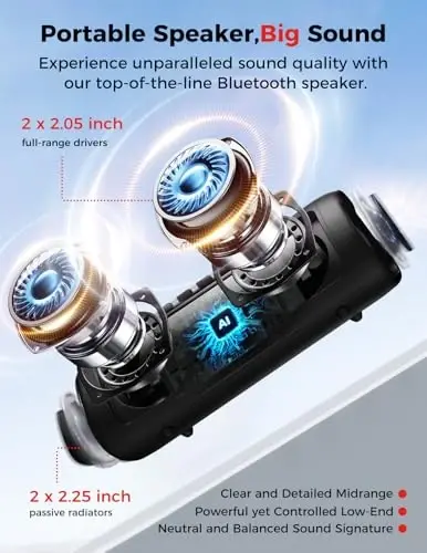 Bluetooth Speaker with HD Sound, Portable Wireless, IPX5 Waterproof, Up to 24H Playtime, TWS Pairing, BT5.3, for Home/Party/Outdoor/Beach, Electronic Gadgets, Birthday Gift (Black) - 2