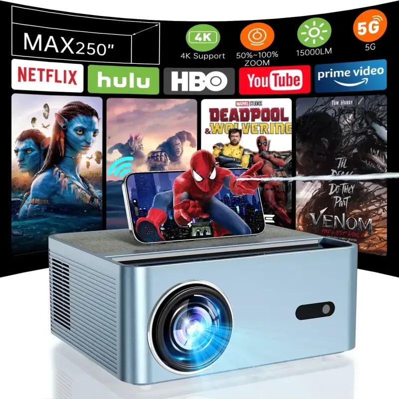 Bluetoothli 5G Wi-Fi proyektor, Lokal 1080P 4Kni qo‘llab-quvvatlovchi tashqi kino proyektor, 15000LM Full HD Smart Video Projektor, LCD texnologiyasi 250