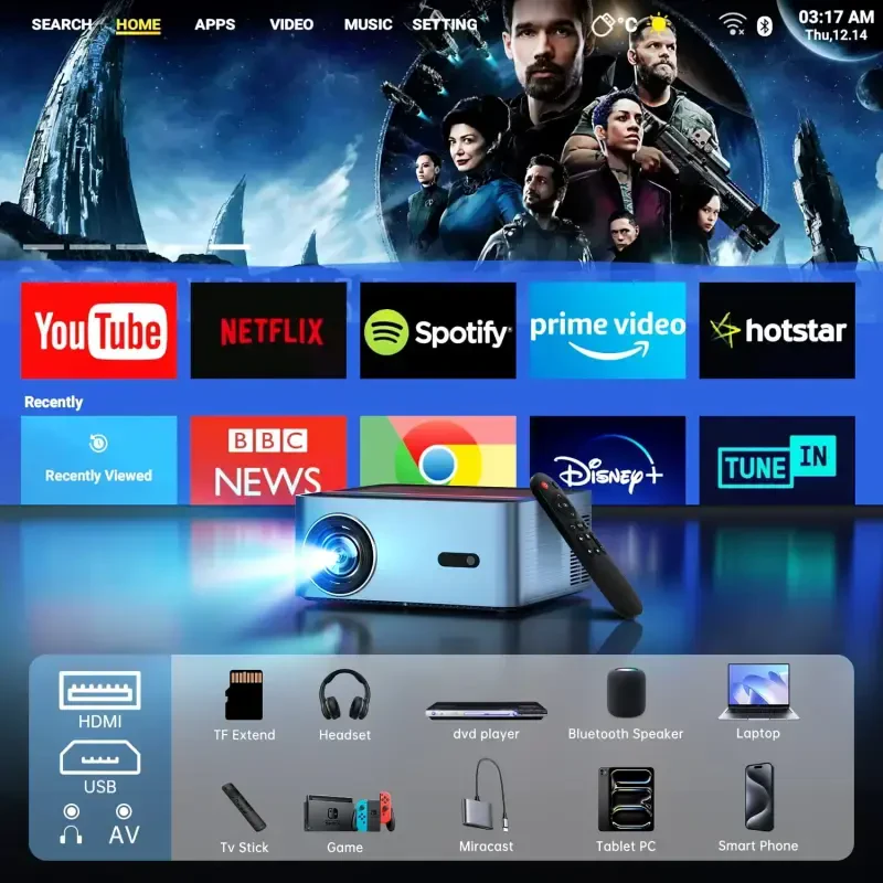 5G Wifi Projector with Bluetooth, Native 1080P 4K Support Outdoor Movie Projector, 15000LM Full HD Smart Video Projector, LCD Technology 250