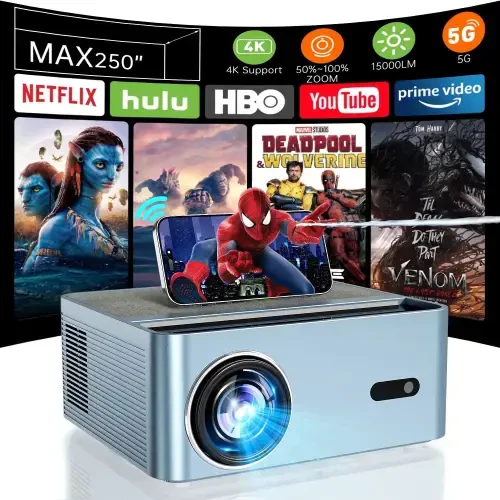 5G Wifi Projector with Bluetooth, Native 1080P 4K Support Outdoor Movie Projector, 15000LM Full HD Smart Video Projector, LCD Technology 250
