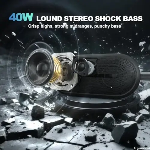SOWO Portable Wireless Speaker Bluetooth with Immersive Bass, Punchy Sound | 40W Loud Sound, Multi-Speaker Connection, IP67 Waterproof Dustproof, 24H Playtime for Outdoor, Camping, Travel, Deep Black - SOWO