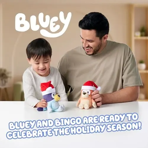 Bluey Toddler Plush Toys Pack of 2, 7-8”, Soft, Festive Holiday Season Plush Figure Toys with Santa Hats, Cuddly Plush Animals for Kids Ages 3+ - 2