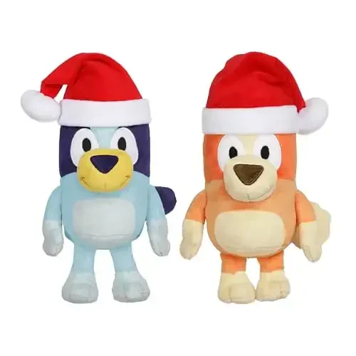 Bluey Toddler Plush Toys 2 to'plami, 7-8 dyuym, yumshoq, Santa shlyapalari bilan bayramona Rojdestvo mavsumi peluş o'yinchoqlari, 3 yoshdan oshgan bolalar uchun quchoqlash uchun mo'ljallangan peluş hayvonlar 