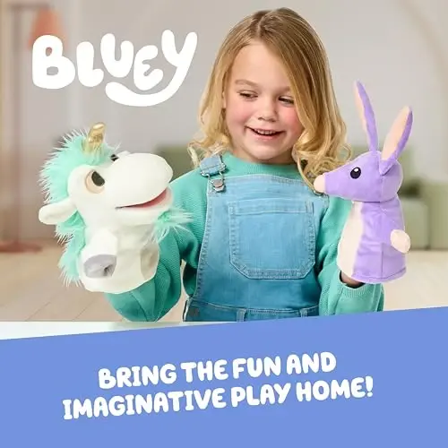 Bluey Unicorse & Bob Bilby Hand Puppet Plush 2-Pack – 8-9” Soft Deluxe Fabric, Embroidered Details, Perfect for Toddler Hands, Imaginative Play, Official Bluey Toys,ModazoneExclusive - 2