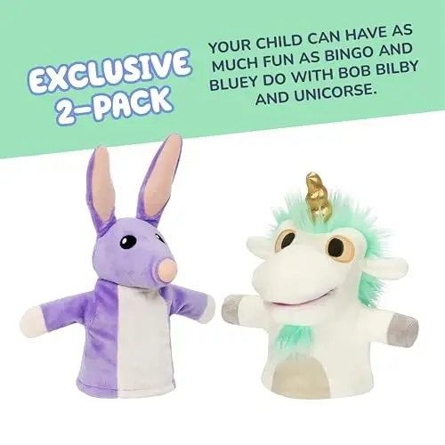 Bluey Unicorse & Bob Bilby қўл қўғирчоқ плюши 2 талик – 8-9 дюймли юмшоқ делюкс мато, кашта деталлари, кичкинтой қўллари учун жуда мос, хаёлий ўйин, расмий Bluey ўйинчоқлари, ModazoneExclusive - 3