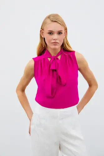 Блузка без рукавов с шарфом - Фуксия - 3