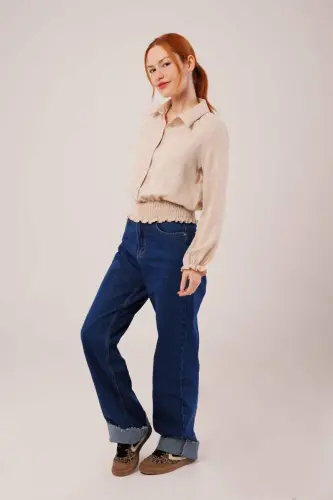 Блузка бежевая с резинкой на талии и запястьях - 4