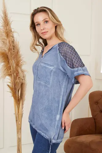 Блузка индиго большого размера с завязкой на юбке и деталями на плечах - 4