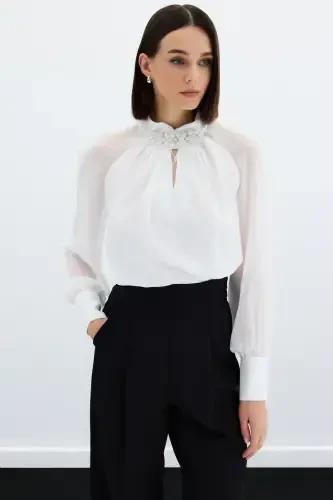 Блузка с аксессуаром на воротнике - ЭКРУ - SATEEN (1)