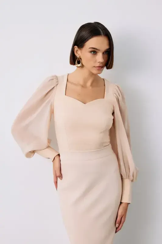 Блузка с рукавами-фонариками, укороченная - БЕЖЕВЫЙ - SATEEN