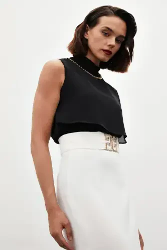 Блузка с воланами и деталями - Черный - 4