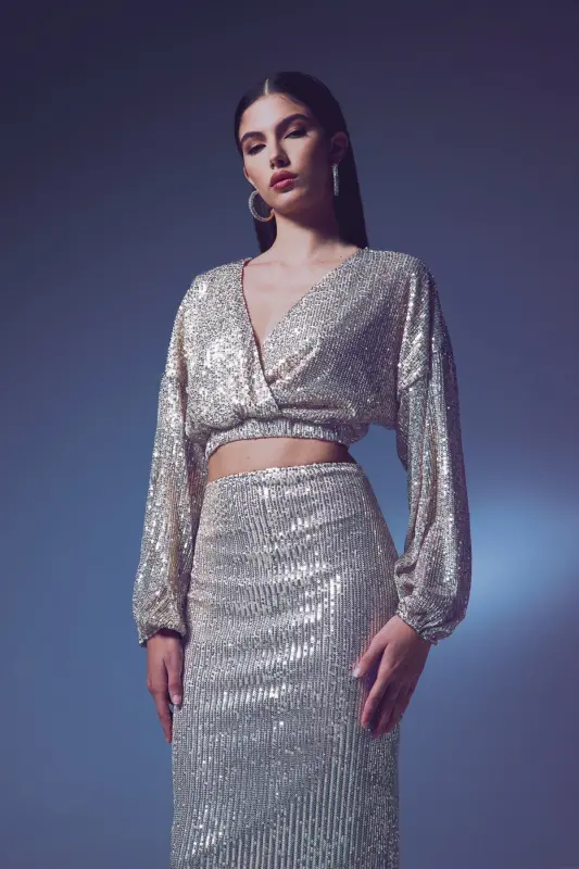 Блузка запашная с пайетками - БЕЖ-БЕЖ - 1