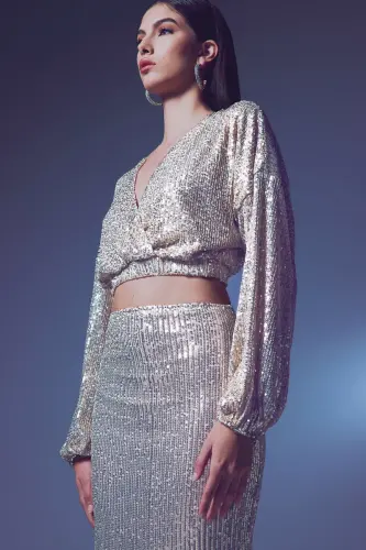 Блузка запашная с пайетками - БЕЖ-БЕЖ - 4