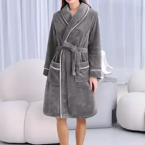 BLVB Women's Plush Robes Soft Bathrobe Knee Length Warm Thick Robe Fleece Loungewear Housecoat with Pockets - 1