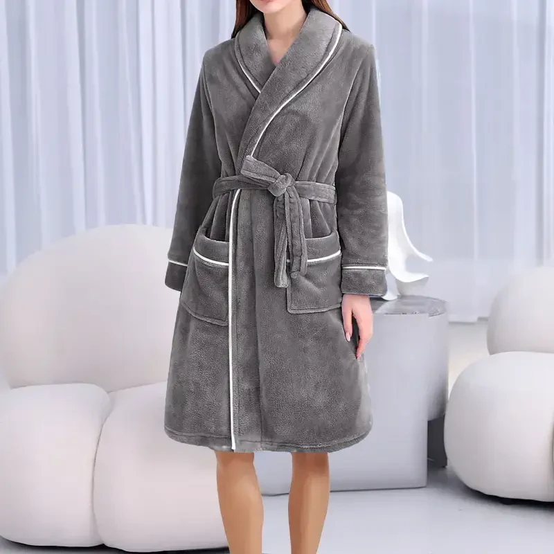 BLVB Women's Plush Robes Soft Bathrobe Knee Length Warm Thick Robe Fleece Loungewear Housecoat with Pockets - 1