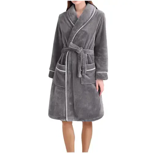 BLVB Women's Plush Robes Soft Bathrobe Knee Length Warm Thick Robe Fleece Loungewear Housecoat with Pockets - 4