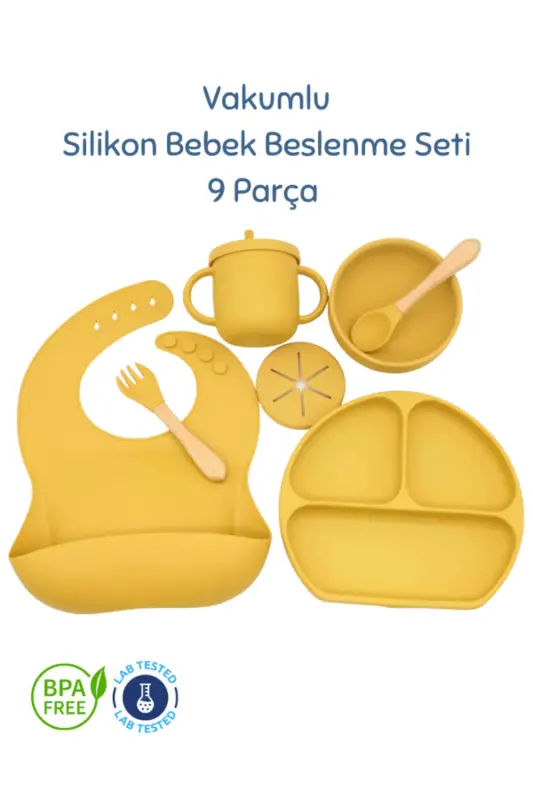 Blw Vacuum Silicone Baby Feeding Set - Bib - Plate - Bowl - Sippy Cup - Spoon - Fork - 9 Pieces - BUBBICO